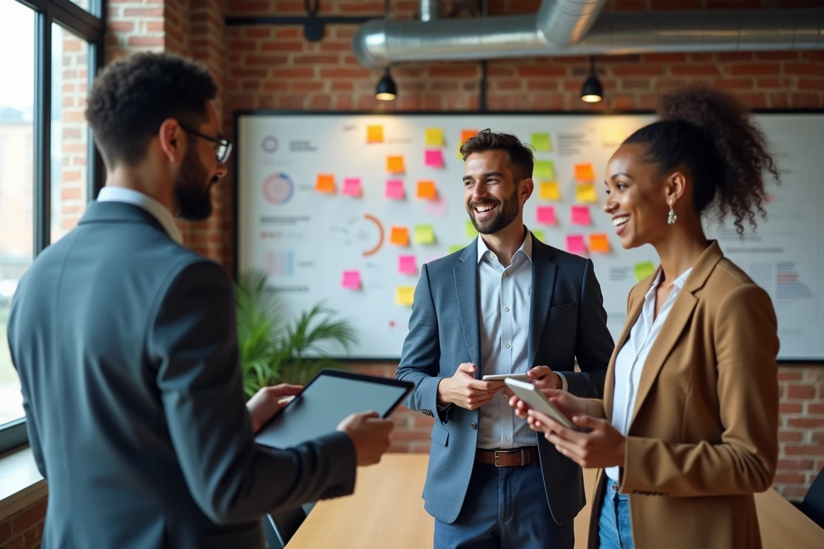 Groupe de trois personnes en discussion dans un espace de coworking