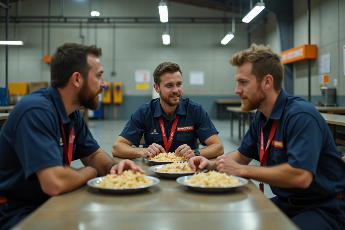 &Eacute;quipe de mineurs en pause repas dans le r&eacute;fectoire d'un camp minier australien