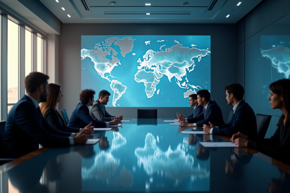 Groupe de professionnels analysant un hologramme de Starlink en réunion