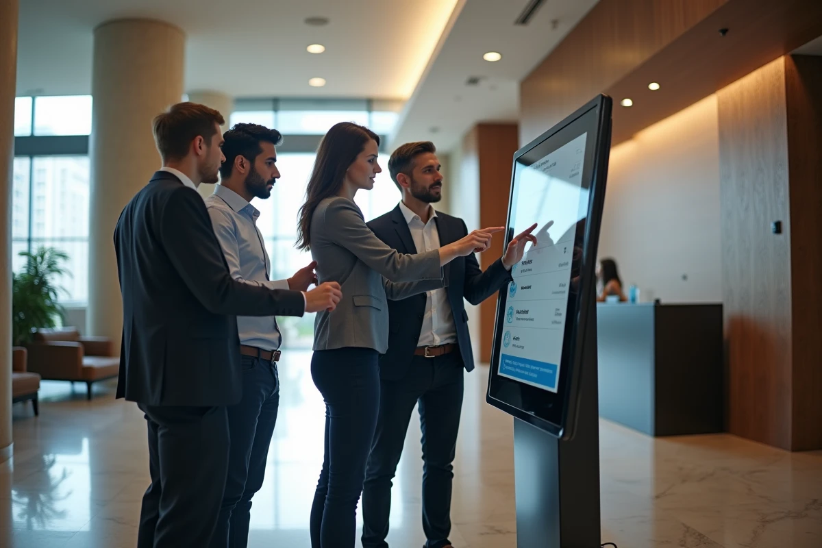 Groupe de jeunes entrepreneurs discutant autour d’un kiosque digital