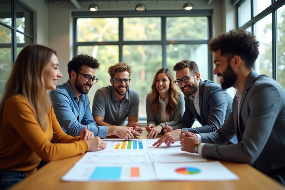Equipe diversifiee collaborant autour d un tableau strategique