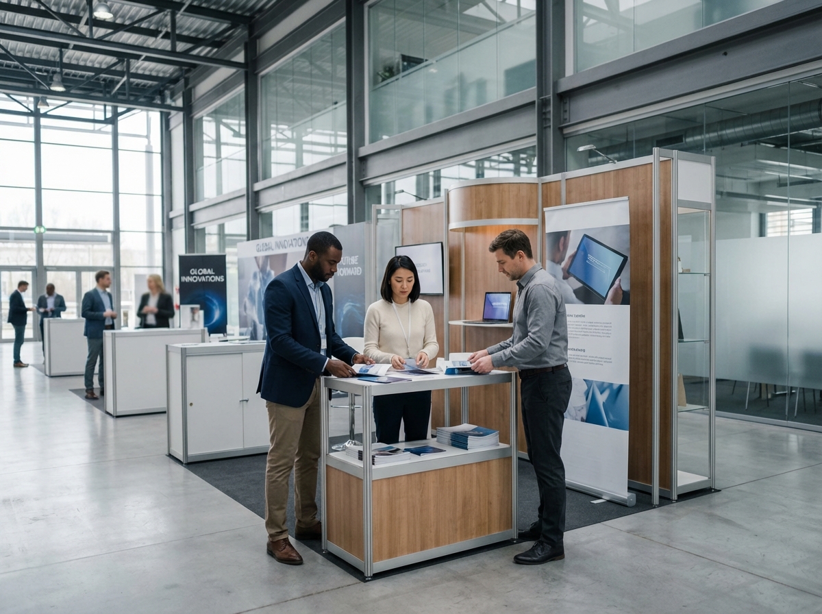 Équipe de trois professionnels préparant un stand d