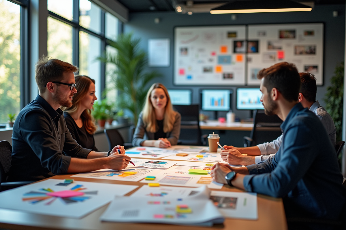 Espace de travail créatif avec professionnels en brainstorming