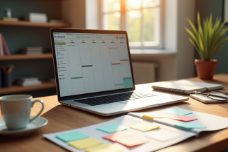 Espace de travail moderne avec calendrier digital et notes colorées