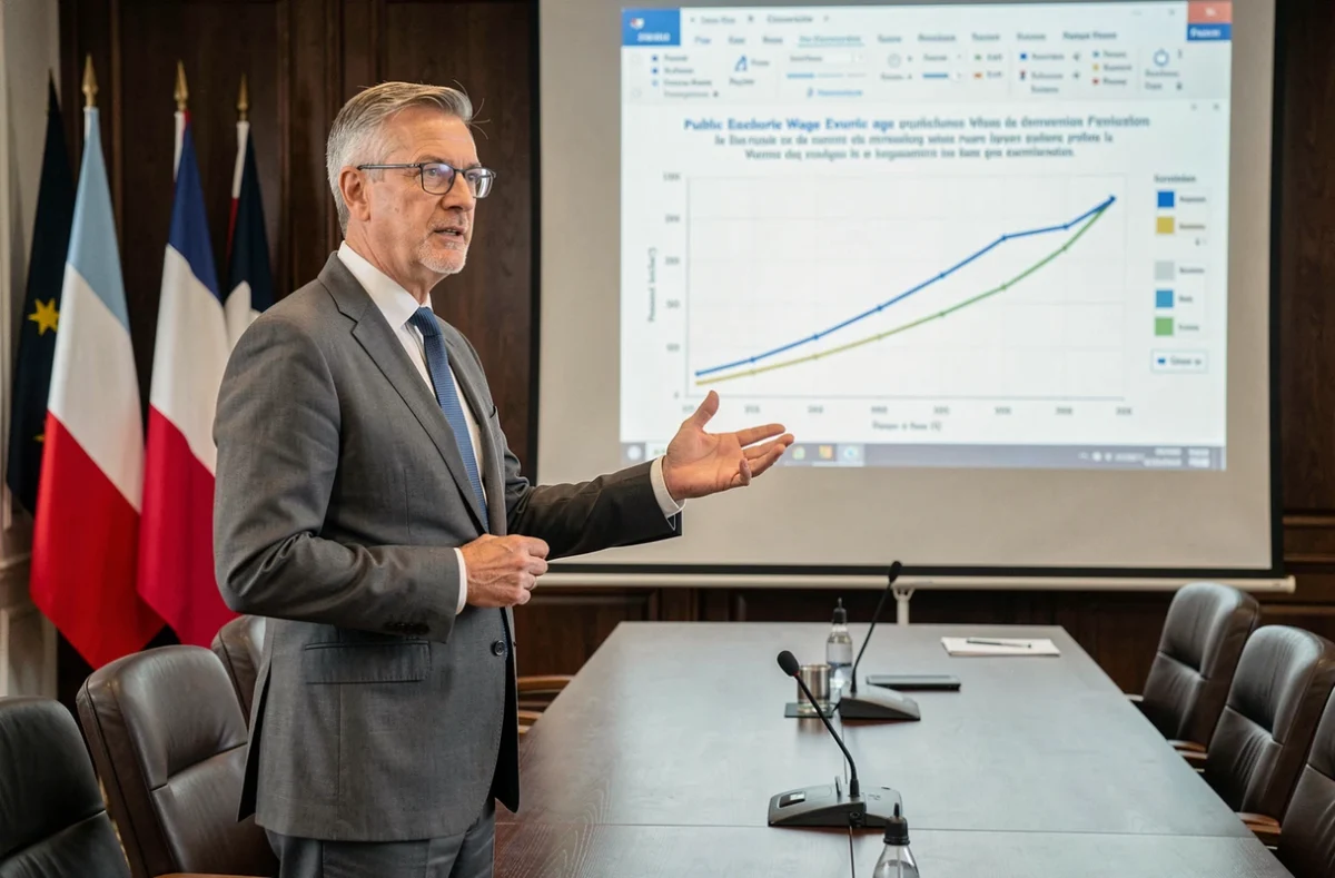 Expert en finances publiques présentant des données sur l'évolution des salaires des fonctionnaires lors d'une réunion ministérielle