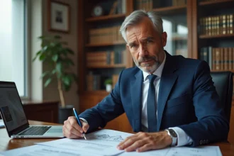 Expert immobilier en costume marine analysant des documents officiels d'expertise sur un bureau avec plans architecturaux et laptop