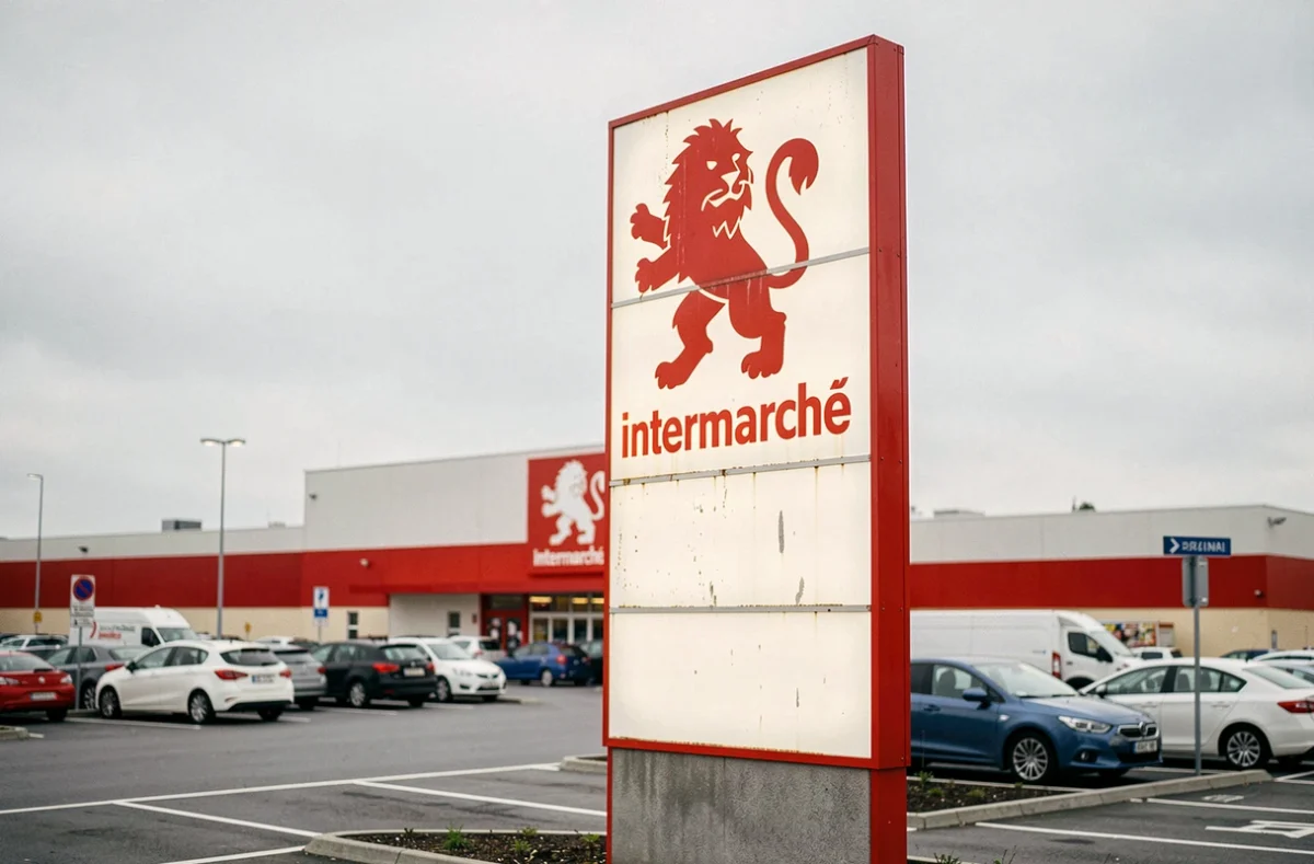 Façade d'un supermarché Intermarché avec le logo rouge au lion visible sur une enseigne extérieure dans un centre commercial de banlieue