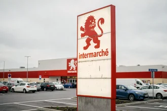Façade d'un supermarché Intermarché avec le logo rouge au lion visible sur une enseigne extérieure dans un centre commercial de banlieue