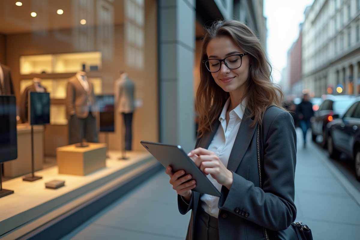 Jeune femme achetant des produits électroniques en ville