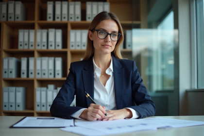 Femme d affaires en costume navy examine des documents d audit