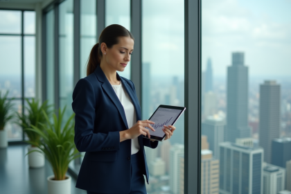 Femme d'affaires avec tablette affichant des graphiques économiques