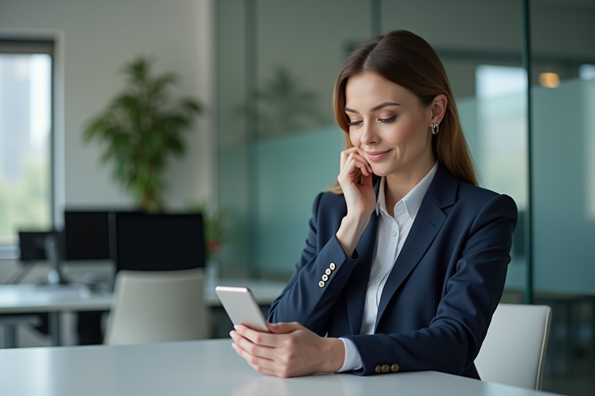 Femme d'affaires en costume bleu travaillant sur son smartphone