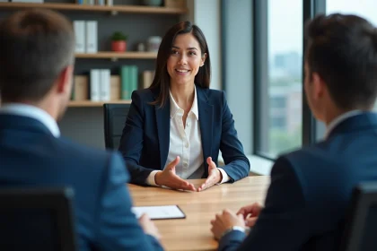 Femme d'affaires en réunion expliquant une stratégie commerciale