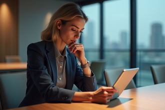 Femme d affaires concentrée avec tablette dans un bureau moderne