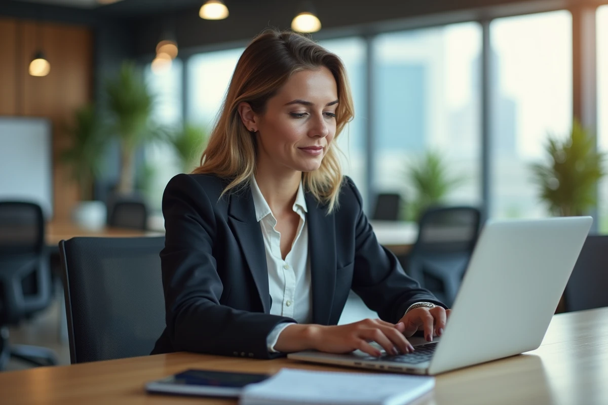 Femme d'affaires analysant des statistiques sur un ordinateur