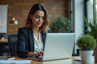 Femme confiante analysant des statistiques sur un ordinateur