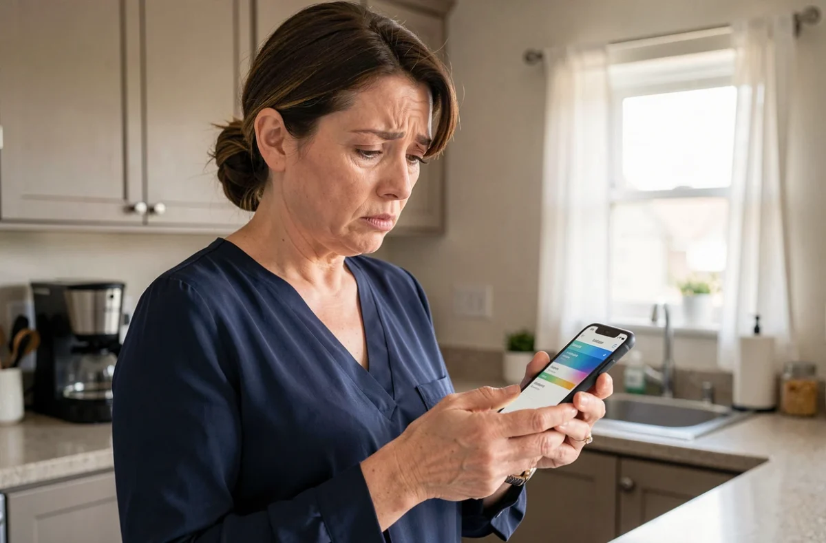Femme consultant l'application La Poste sur son smartphone avec une expression perplexe