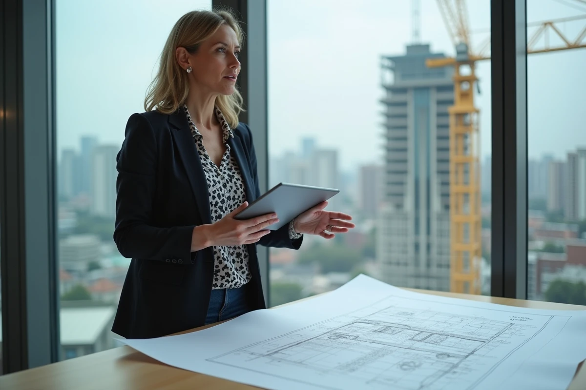 Femme architecte parlant devant un plan dans un bureau