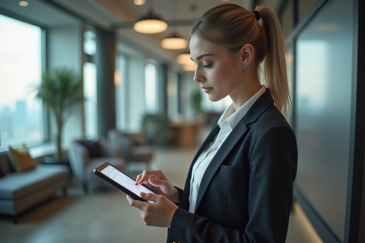 Jeune femme regardant une tablette avec avantages CSE