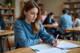 Jeune femme en sweater bleu examine des papiers lors d'une activité bénévole