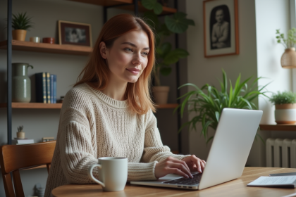 Femme assise à une table en intérieur cosy travaillant sur son ordinateur
