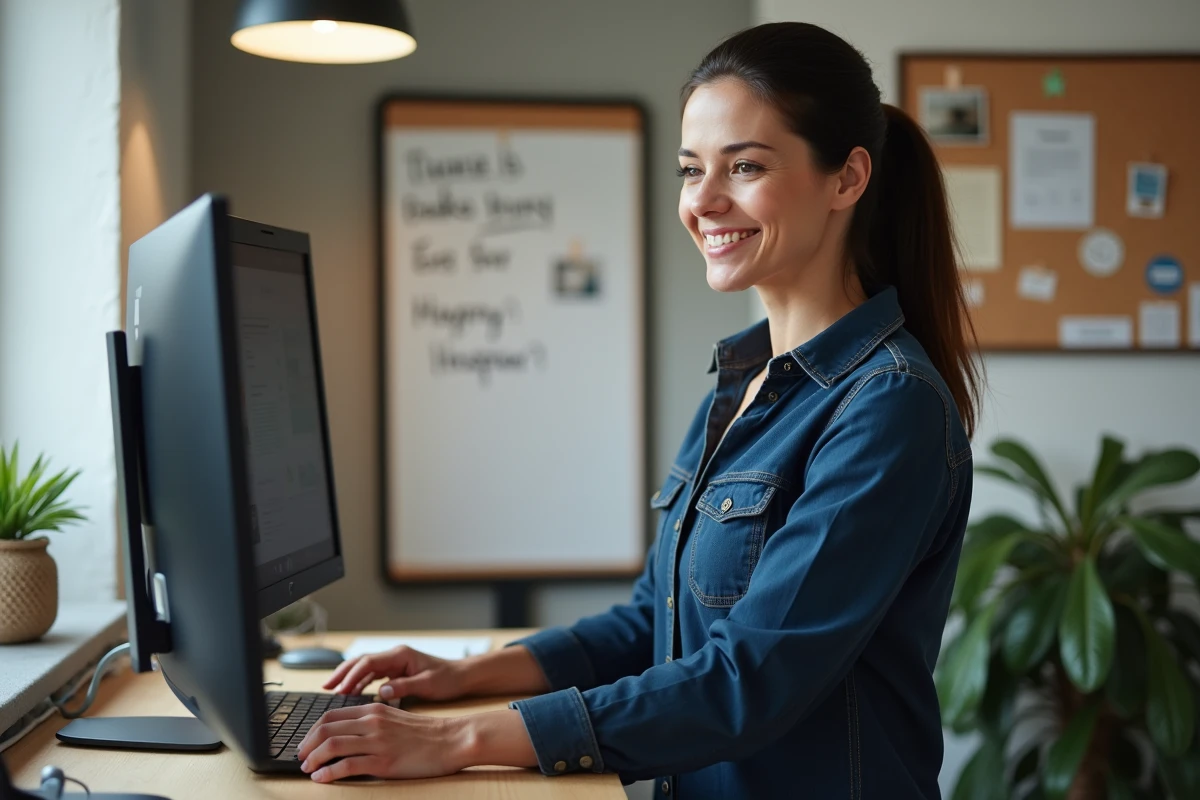 Femme travaillant depuis un bureau à domicile aménagé avec double écran et tableau de bord, symbolisant la progression professionnelle et le confort financier en télétravail