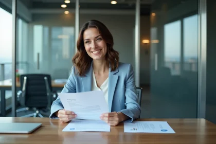 Femme en blazer bleu dans un bureau moderne