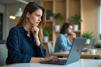 Femme au bureau regardant un écran d'ordinateur affichant une erreur sur l'espace salarié Advango