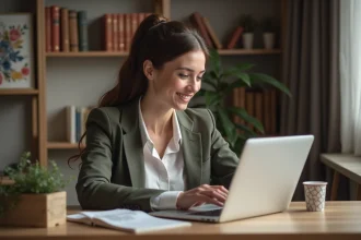Femme au bureau à domicile avec ordinateur et livres
