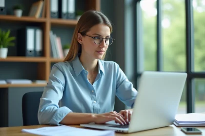 Femme au bureau regardant son ordinateur portable