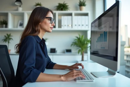 Femme professionnelle utilisant un ordinateur au bureau