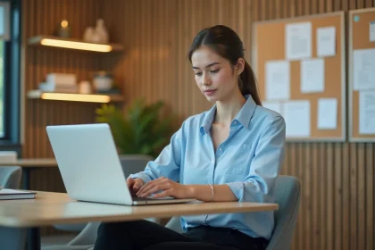 Femme au bureau en train de taper sur un ordinateur