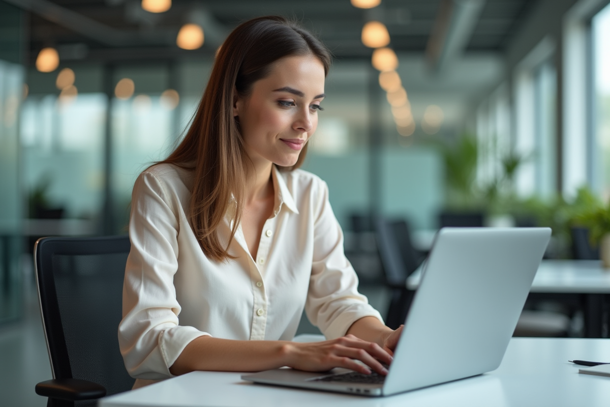 Femme en tenue de bureau moderne travaillant sur un ordinateur portable