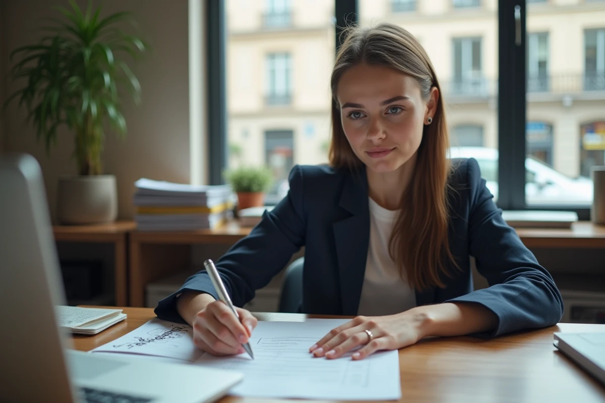 Jeune femme concentr&eacute;e travaillant &agrave; son bureau avec documents