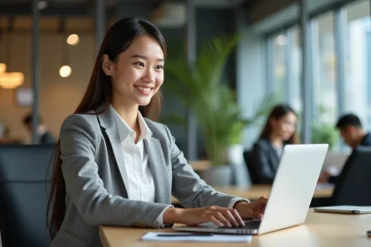 Jeune femme professionnelle utilisant un ordinateur dans un espace de coworking