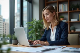 Femme professionnelle consultant un site web de ressources en marketing et droit sur un ordinateur portable dans un bureau moderne