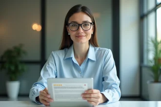 Femme en bureau tenant une tablette avec avis clients