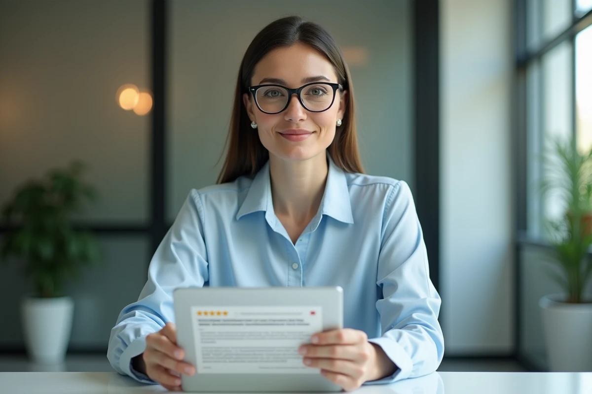 Femme en bureau tenant une tablette avec avis clients