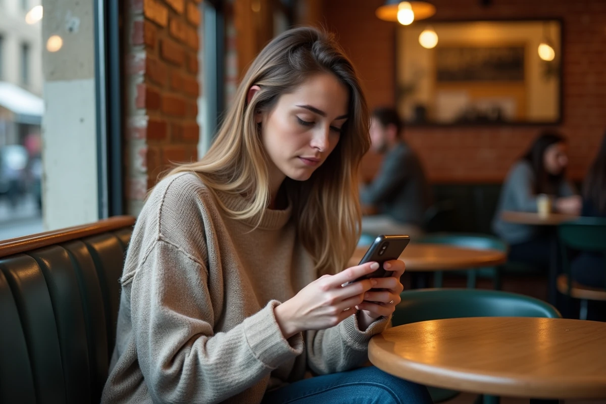 Femme concentrée utilisant son smartphone au café
