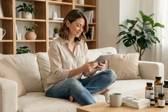 Femme parcourant un catalogue de vente à domicile sur tablette dans un salon moderne et tendance en 2026