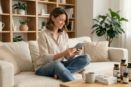 Femme parcourant un catalogue de vente à domicile sur tablette dans un salon moderne et tendance en 2026