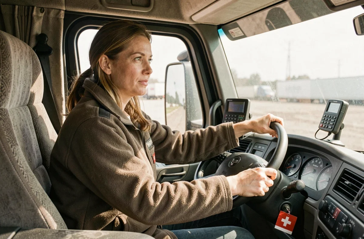 Femme chauffeur poids lourd au volant d'un camion moderne avec tableau de bord réaliste en Suisse