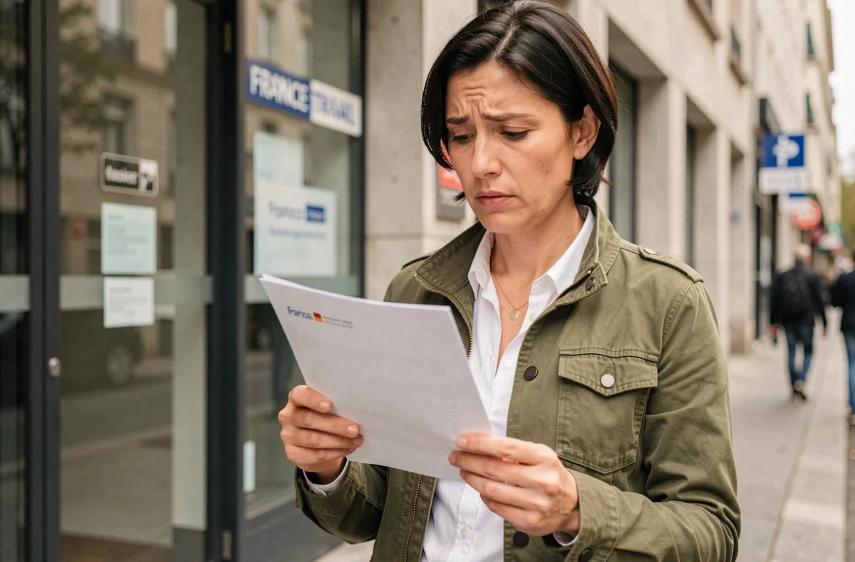 Femme lisant une lettre de convocation abusive devant une agence France Travail, expression préoccupée