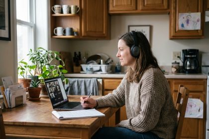 Femme en ligne dans une cuisine chaleureuse et moderne
