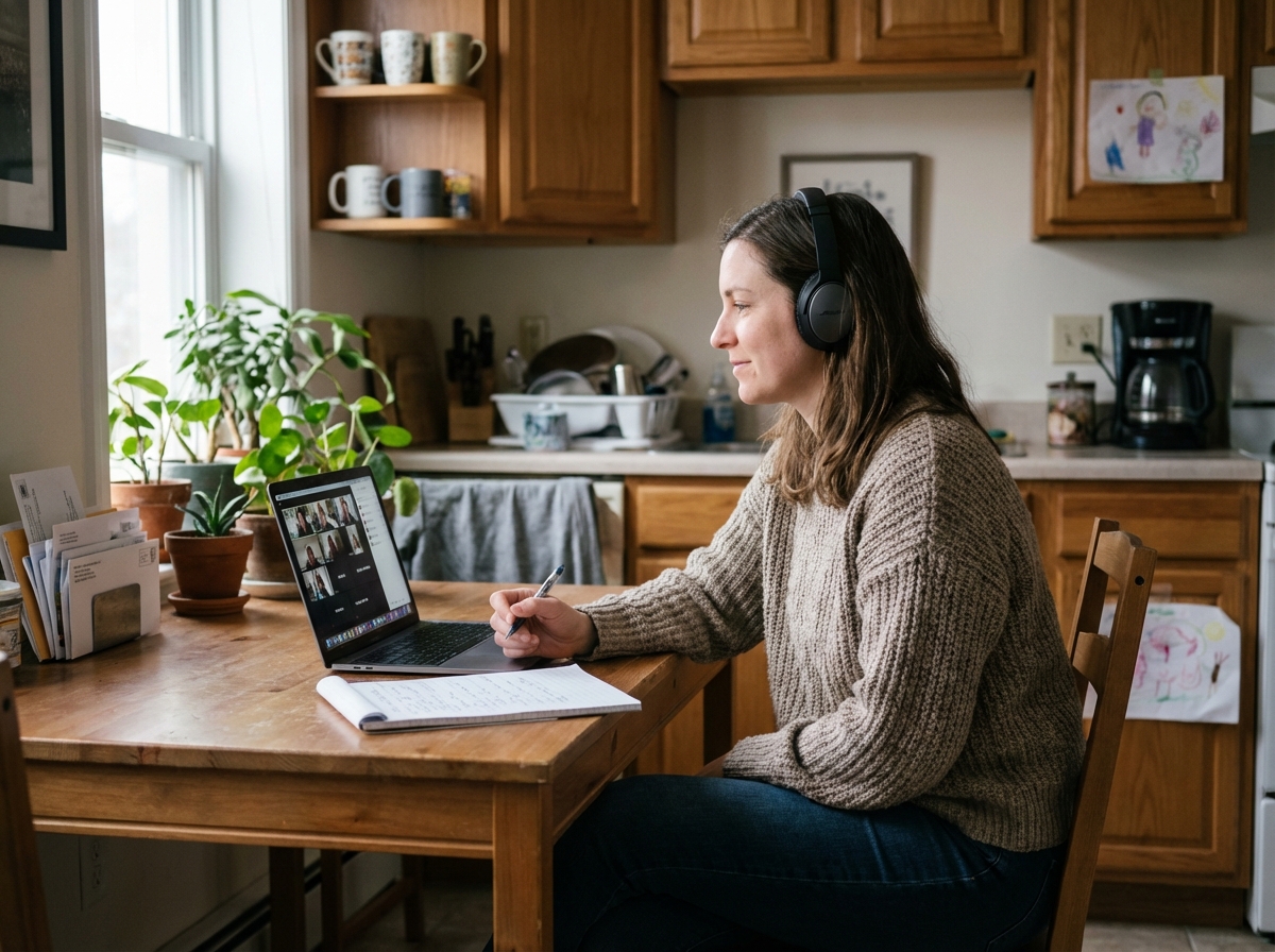 Femme en ligne dans une cuisine chaleureuse et moderne