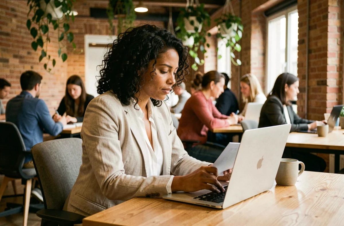 Femme travaillant dans un espace de coworking moderne à Agen avec murs en brique apparente et plantes vertes