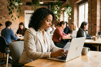 Femme travaillant dans un espace de coworking moderne à Agen avec murs en brique apparente et plantes vertes