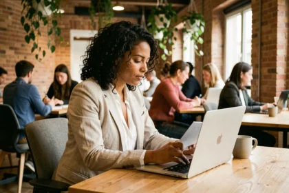 Femme travaillant dans un espace de coworking moderne à Agen avec murs en brique apparente et plantes vertes