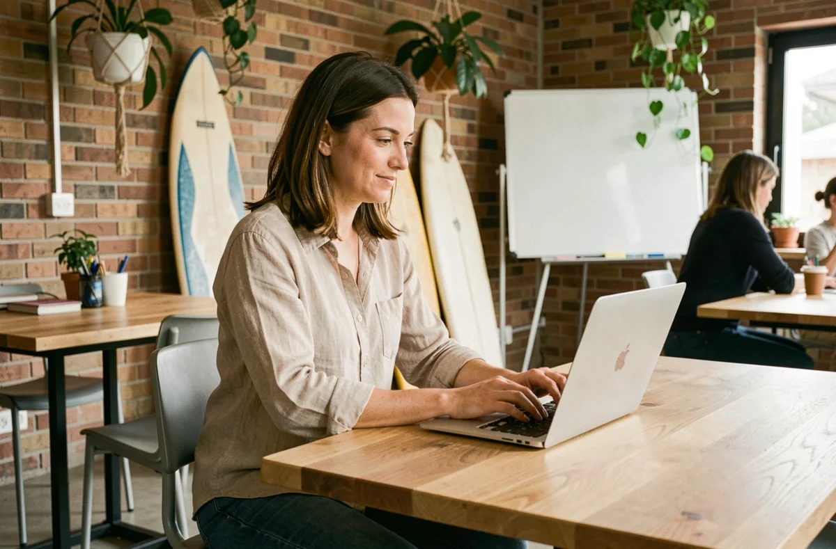 Femme travaillant en coworking à Capbreton dans un espace moderne avec des planches de surf au mur