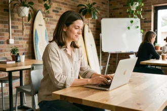 Femme travaillant en coworking à Capbreton dans un espace moderne avec des planches de surf au mur